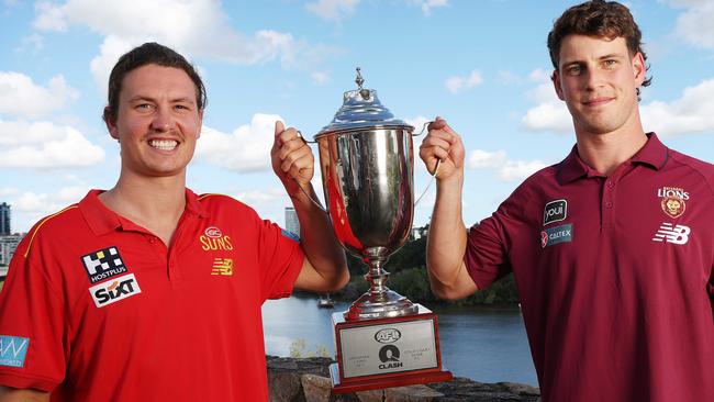 GC Suns Tom Berry and Brisbane Lions Jarrod Berry at Kangaroo Point ahead of the Q Clash. Picture: Liam Kidston