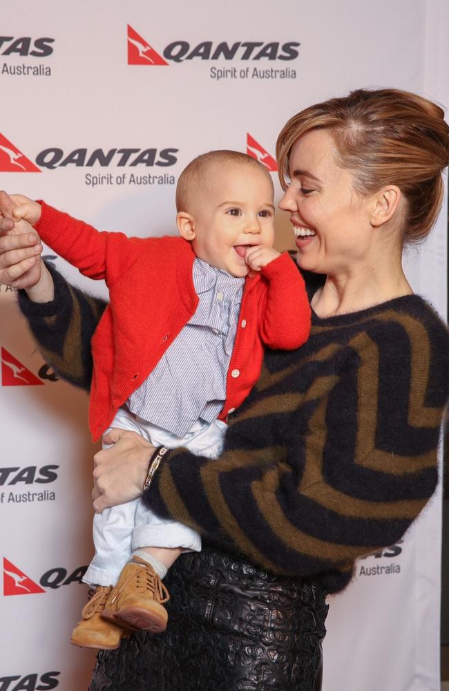 Actor Melissa George bought her baby, Raphael, to the Qantas first class lounge party in LA Pic: Supplied