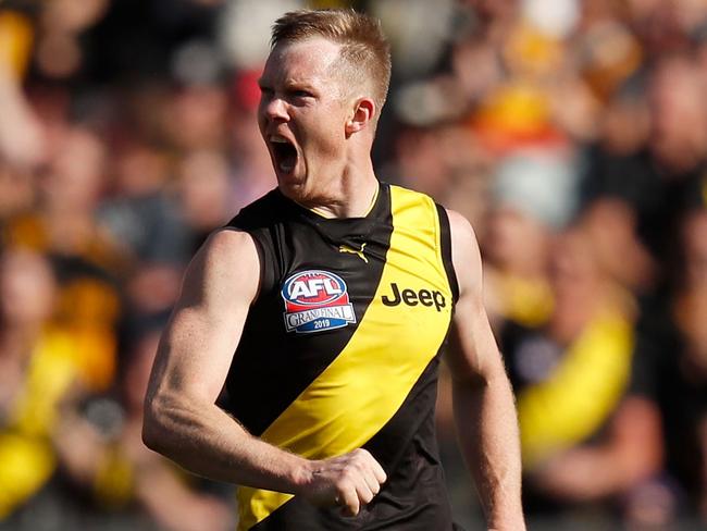 MELBOURNE, AUSTRALIA - SEPTEMBER 28: Jack Riewoldt of the Tigers celebrates a goal  during the 2019 AFL Grand Final match between the Richmond Tigers and the Greater Western Sydney Giants at Melbourne Cricket Ground on September 28, 2019 in Melbourne, Australia. (Photo by Darrian Traynor/AFL Photos/via Getty Images )