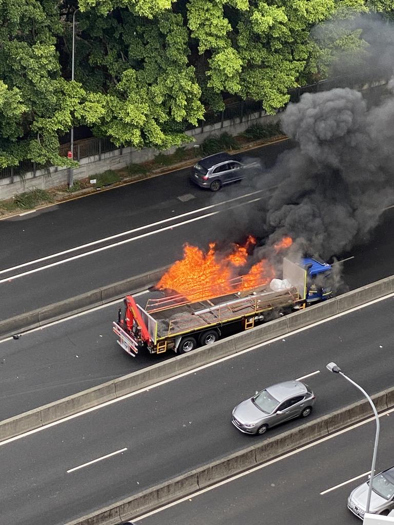 A truck smashed into a barrier and burst into flames. Picture: Matrix Media Group