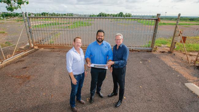 Stuart Tottham, Nigel Browne and Sean Bowden at the proposed stadium site in Darwin. Picture: Glenn Campbell