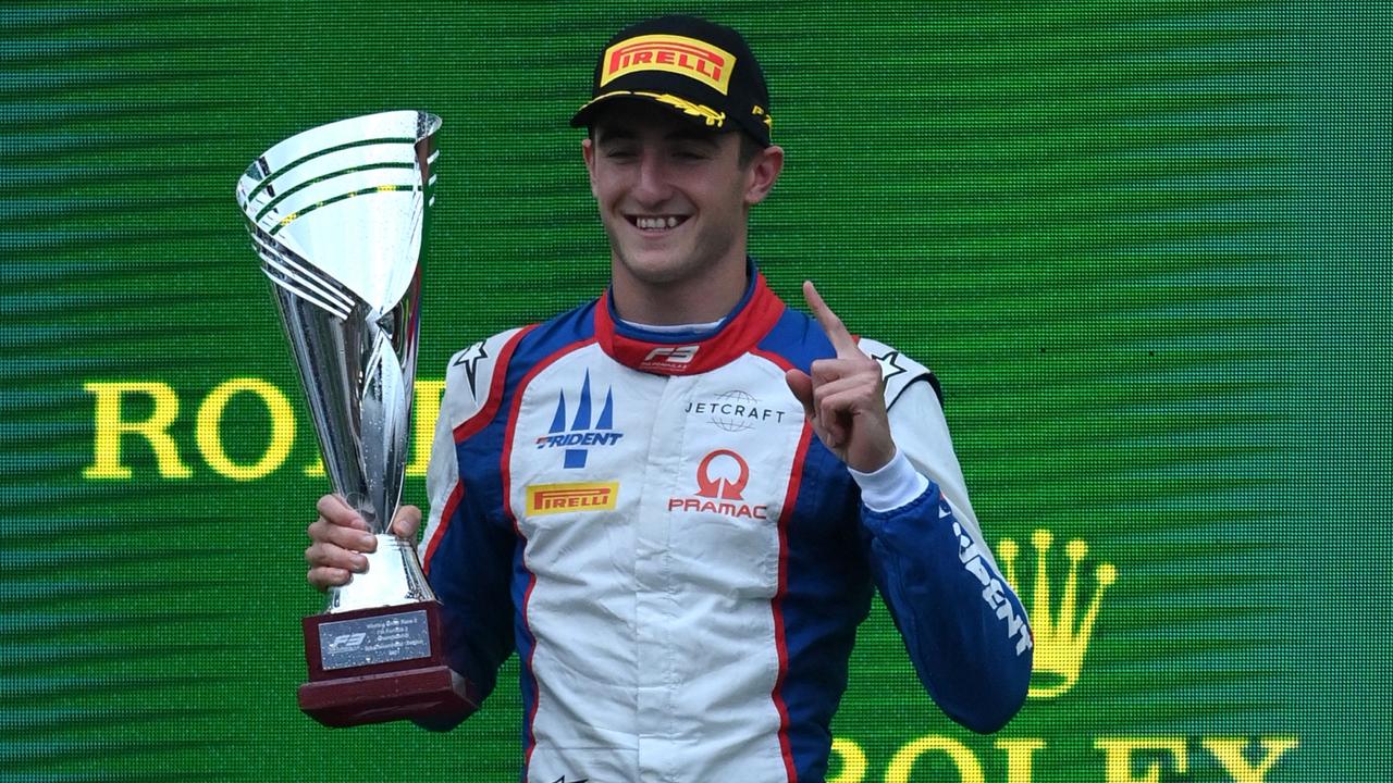 SPA, BELGIUM - AUGUST 28: Race winner Jack Doohan of Australia and Trident celebrates on the podium during Round 5:Spa-Francorchamps race 2 of the Formula 3 Championship at Circuit de Spa-Francorchamps on August 28, 2021 in Spa, Belgium. (Photo by Dan Mullan/Getty Images)