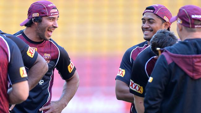 JT and Milf share a laugh during training. (Photo by Bradley Kanaris/Getty Images)