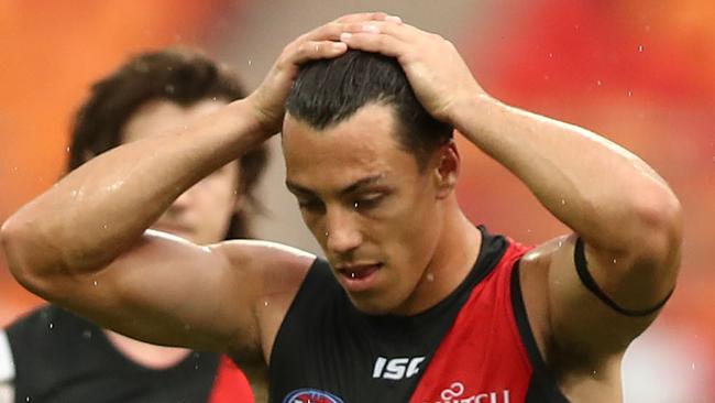 SYDNEY, AUSTRALIA - MARCH 24: Dylan Shiel of the Bombers reacts as he walks from the field after defeat in the round one AFL match between the Greater Western Sydney Giants and the Essendon Bombers at GIANTS Stadium on March 24, 2019 in Sydney, Australia. (Photo by Mark Metcalfe/AFL Photos/Getty Images)