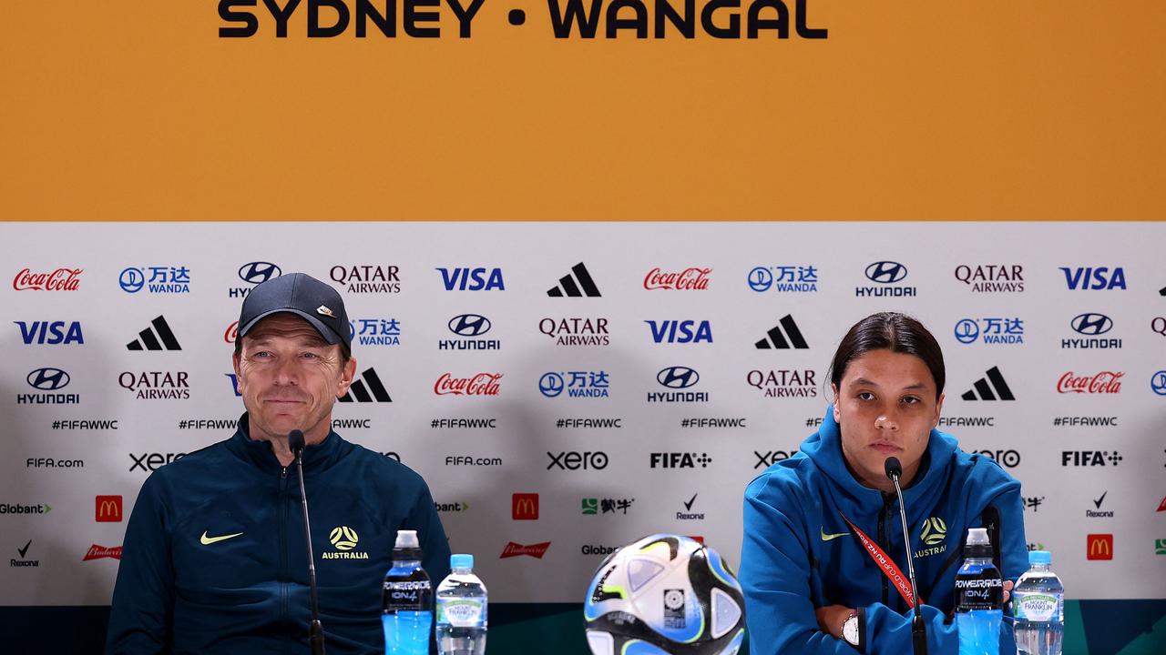 A downcast Sam Kerr speaks on the eve of Australia’s opener - before her calf injury was national news. Picture: AFP