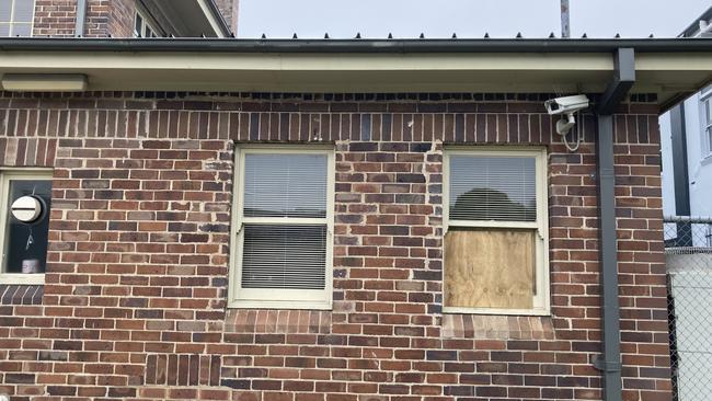 A window had to be boarded up at Moss Vale Courthouse. Picture: Adelaide Lang