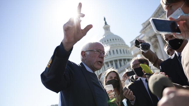 Bernie Sanders speaks with reporters as he leaves the US Capitol Building. Picture: Anna Moneymaker/Getty Images