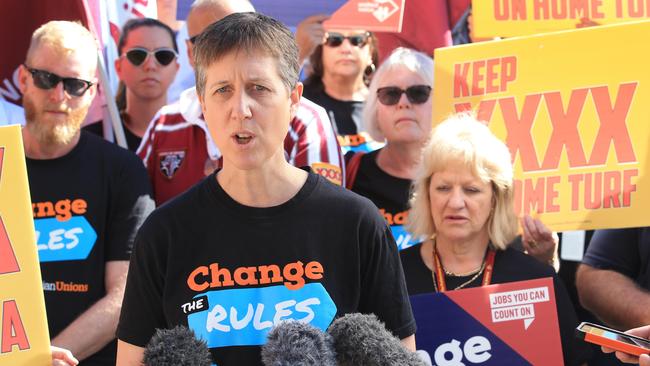 ACTU Secretary Sally McManus at a rally with XXXX workers on Wednesday. Pictures: Lachie Millard