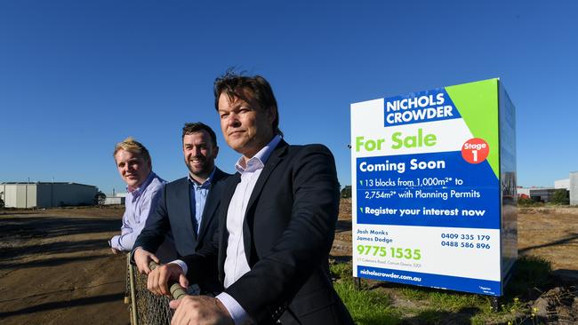 Real estate agent Michael Crowder (R) is expecting to sell the remaining three blocks at the Carrum Downs industrial estate in the coming days. Picture: Penny Stephens