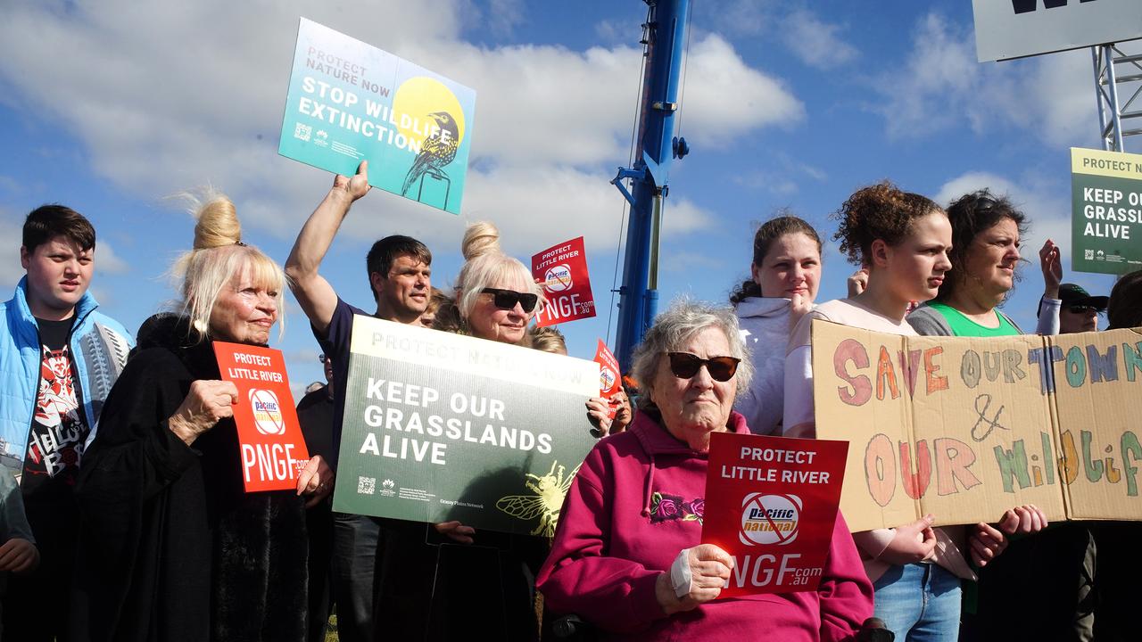 Protestors rally against a $3 billion freight hub at Little River. Picture: NewsWire / Luis Enrique Ascui