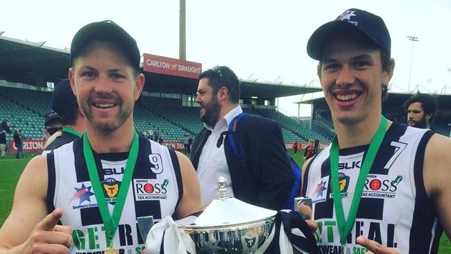 Josh and Jordon Arnold celebrate Glenorchy's 2016 TSL premiership win over North Launceston. Picture: Supplied.