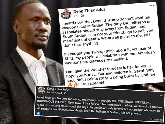 Deng Thiak Adut and two of his corntoversial socia, media posts. Pictures: News Corp/Supplied