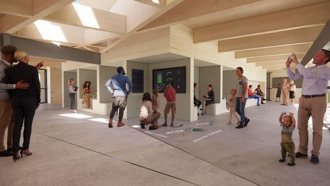 An artist's impression of the interior, with its distinctive wooden beams, of the new Warriewood Valley Community Centre. Picture: Northern Beaches Council