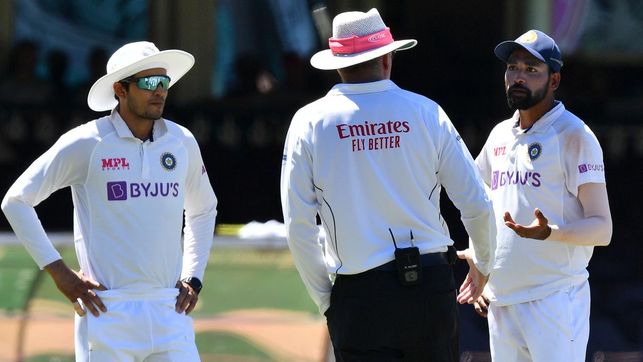 India's Mohammed Siraj speaks to umpire Paul Reiffel as the game was halted after allegedly some remarks were made by the spectators on the fourth day of the SCG Test. Picture: Saeed Khan/AFP