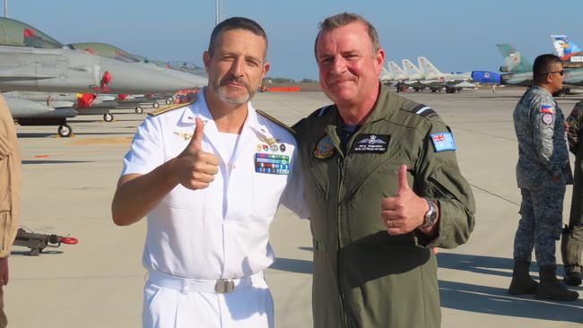 Exercise Pitch Black 2024 has officially come to a close. Italian Navy Carrier Strike Group Commander, Rear Admiral Giancarlo Ciappina (left) speaking with Air Commodore Pete Robinson. Picture: Harry Brill