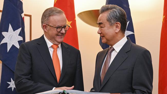 Anthony Albanese meets with China's Foreign Minister Wang Yi at Parliament House in Canberra. Picture: NCA NewsWire / Martin Ollman