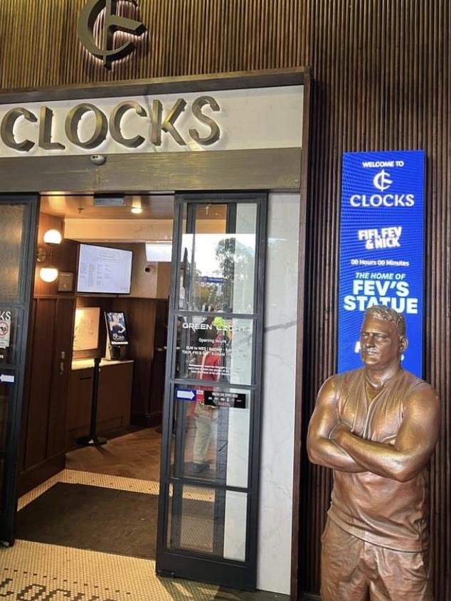 The Fevola statue at the door of Clocks at Flinders Street Station. Picture: Supplied