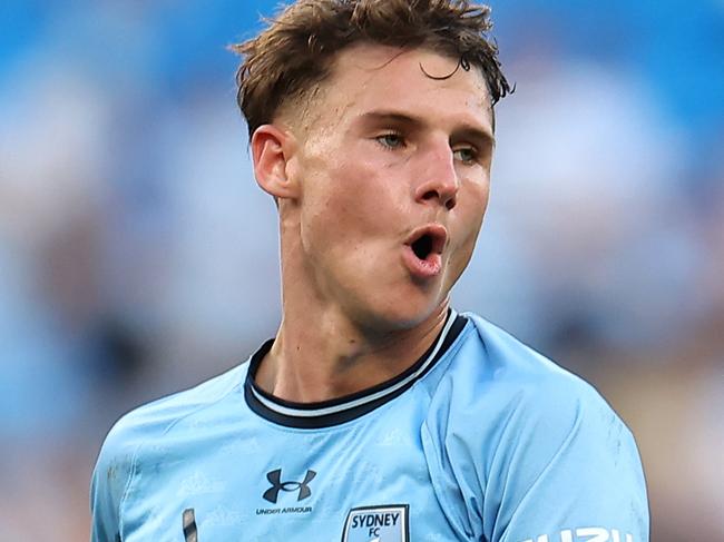 SYDNEY, AUSTRALIA - APRIL 20: Adrian Segecic of Sydney FC reacts during the round 27 A-League Men match between Sydney FC and Newcastle Jets at Allianz Stadium, on April 20, 2025, in Sydney, Australia. (Photo by Jeremy Ng/Getty Images)