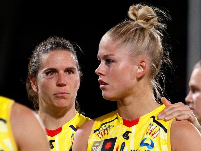 MELBOURNE, AUSTRALIA - NOVEMBER 04: Chelsea Randall of the Crows looks dejected after a loss during the 2022 S7 AFLW Second Qualifying Final match between the Melbourne Demons and the Adelaide Crows at Ikon Park on November 4, 2022 in Melbourne, Australia. (Photo by Dylan Burns/AFL Photos via Getty Images)