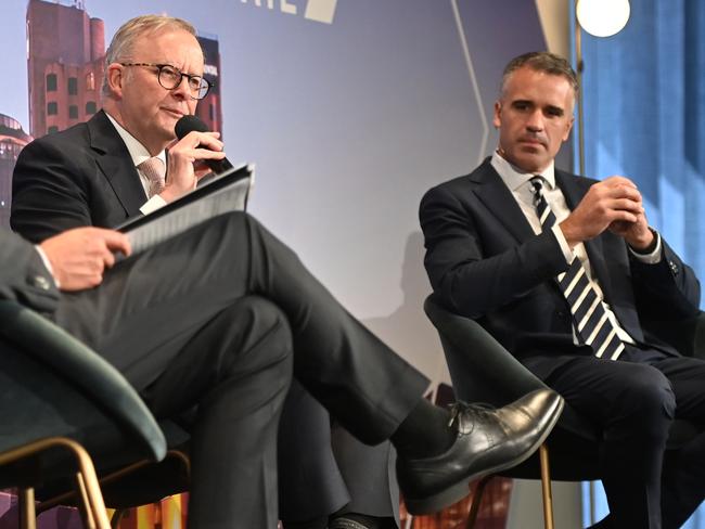 15/3/24. Bigger Better SA at Skycity ballroom.David Penberthy, Prime Minister Anthony Albanese and Premier Peter MalinauskasPicture: Keryn Stevens