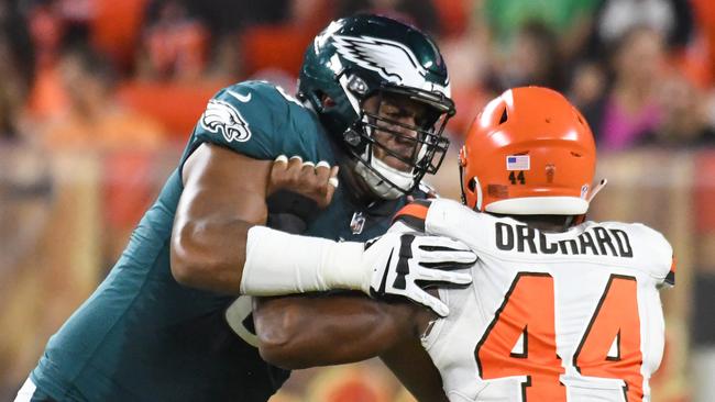 CLEVELAND, OH - AUGUST 23, 2018: Offensive tackle Jordan Mailata #68 of the Philadelphia Eagles engages defensive end Nate Orchard #44 of the Cleveland Browns in the fourth quarter of a preseason game on August 23, 2018 at FirstEnergy Stadium in Cleveland, Ohio. Cleveland won 5-0. (Photo by: 2018 Nick Cammett/Diamond Images/Getty Images)