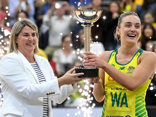 GOLD COAST, AUSTRALIA - OCTOBER 23: Liz Watson of Australia and Coach Stacey Marinkovich hold up the Constellation Cup after the Constellation Cup match between the Australia Diamonds and New Zealand Silver Ferns at Gold Coast Convention and Exhibition Centre on October 23, 2022 in Gold Coast, Australia. (Photo by Bradley Kanaris/Getty Images)