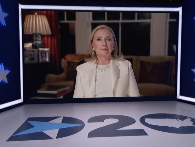 Former Secretary of State and former First Lady Hillary Clinton speaking from Chappaqua, New York, during the third day of the convention. Picture: AFP