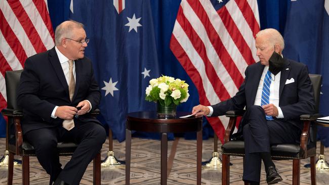 Then-prime minister Scott Morrison with US President Joe Biden on the sidelines of the 76th UN General Assembly on September 21, 2021, in New York. (Photo by Brendan Smialowski / AFP)