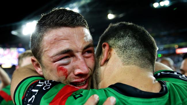 Sam Burgess in tears as he hugs Greg Inglis after winning the 2014 NRL Grand Final between the South Sydney Rabbitohs and the Canterbury Bankstown Bulldogs at ANZ Stadium .Picture Gregg Porteous