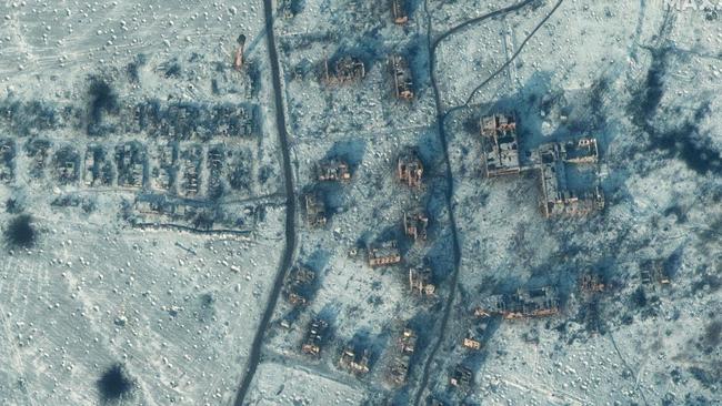 Satellite imagery show destroyed schools and buildings in southern Soledar, near Bakhmut. Picture: Maxar/AFP.