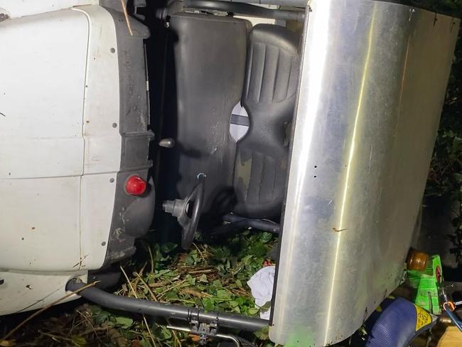 The golf buggy that rolled on Scotland Island,injuring a boy, 10, and a 54-year-old woman. Picture:  NSW Fire and Rescue Narrabeen