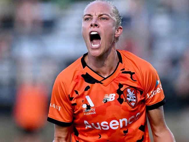 BRISBANE, AUSTRALIA - MARCH 02: Tameka Yallop of the Roar celebrates after scoring a goal during the A-League Women round 18 match between Brisbane Roar and Melbourne City at Perry Park, on March 02, 2024, in Brisbane, Australia. (Photo by Bradley Kanaris/Getty Images)