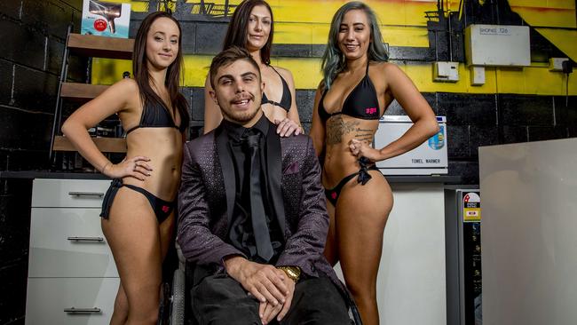 Bikini Barber Babes owner Matty Turner with Danica Claney, Makayla Patten and Kayla Wilson. Picture: Jerad Williams