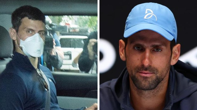 Novak Djokovic in Australia in 2022 and in a press conference. Photos: AAP/Getty Images