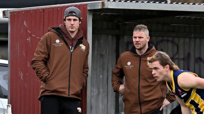 Craigieburn assistant Jake Carlisle and coach Justin Sherman during the EDFL football match between Rupertswood and Craigieburn in Sunbury, Saturday, July 23, 2022. Picture: Andy Brownbill