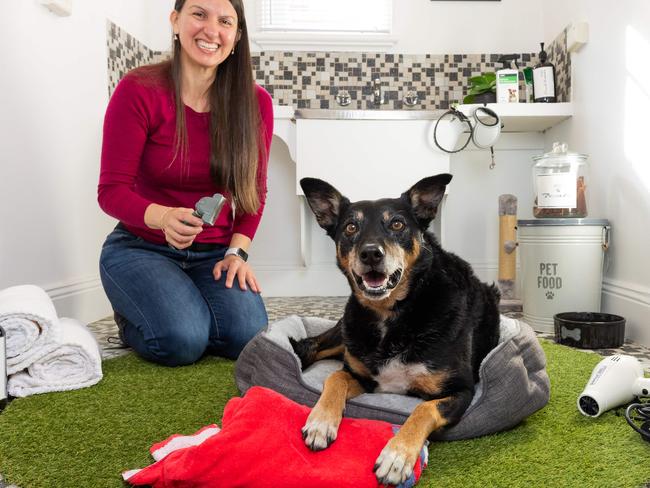 Tass and her dog Lily, 10 are selling their house which includes a specially-designated pet parlour room for their dog. Picture: Jason Edwards