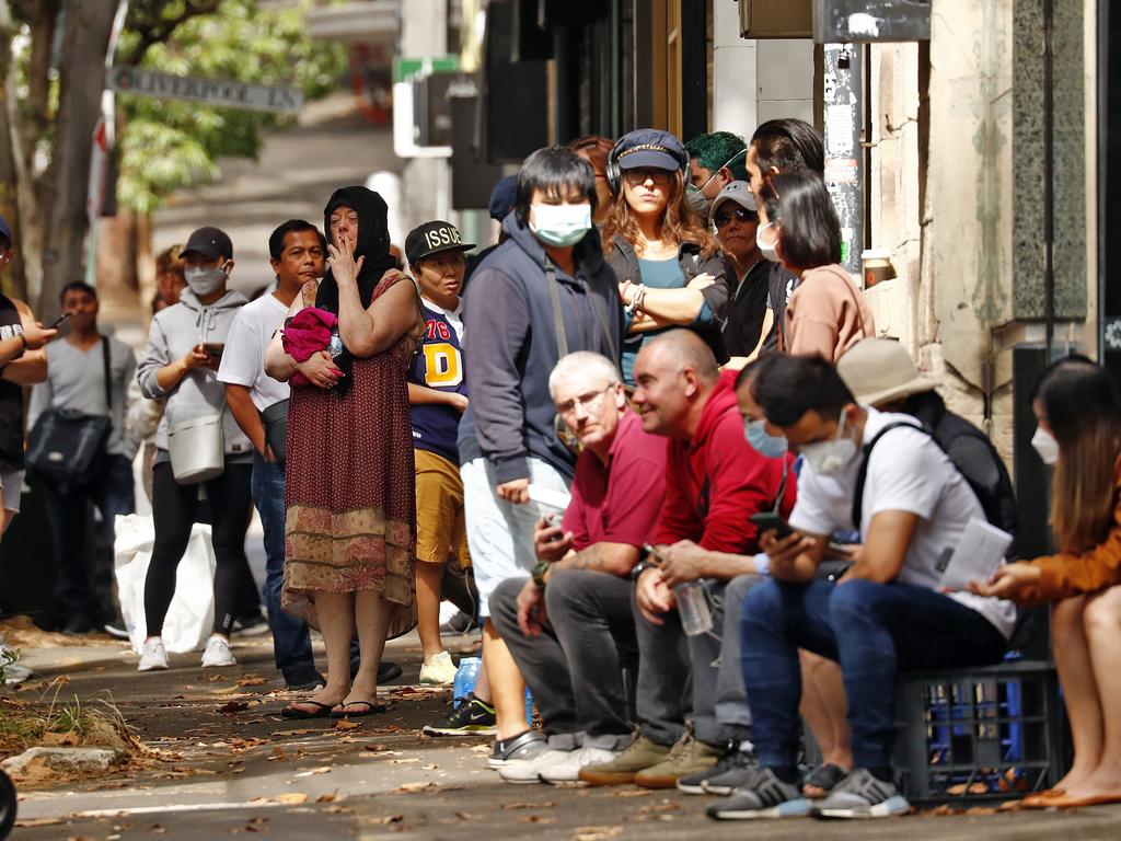 Lines of unemployed people outside Surry Hills Centrelink today as the COVID-19 pandemic causes massive job losses. Picture: Sam Ruttyn