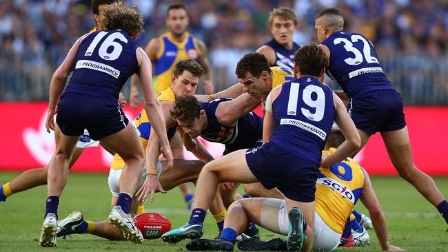 West Coast and Fremantle players surround the ball. Picture: Getty Images