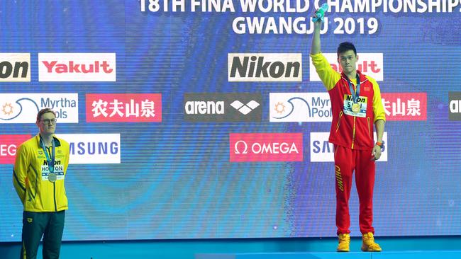 Silver medallist Mack Horton of Australia refused to share the podium with gold medallist Sun Yang of China. Picture: Maddie Meyer/Getty Images