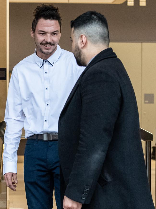 Kevin Gray leaves court with his lawyer Rabia Sabbagh after sentencing for his burnout offence. Picture: Monique Harmer