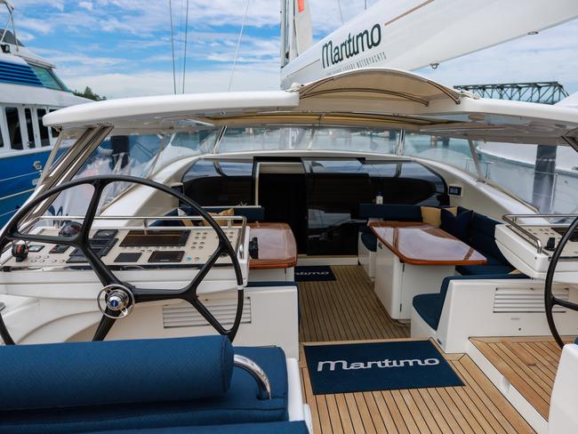 Daily Telegraph. 28, November, 2024. **Hold for Sydney to Hobart** The most luxurious boat in the Sydney to Hobart, Maritimo 100, and her 80 year old owner Bill Barry-Cotter. Picture: Justin Lloyd.