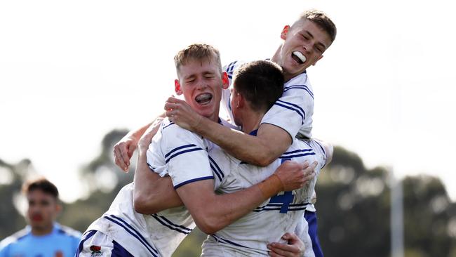 Lachlan Dooner celebrates a try for CCC during the NSW U15 Combined High Schools v Combined Catholic Colleges, State Rugby League Tri-Series held at St Mary's Leagues Stadium. Picture: Jonathan Ng