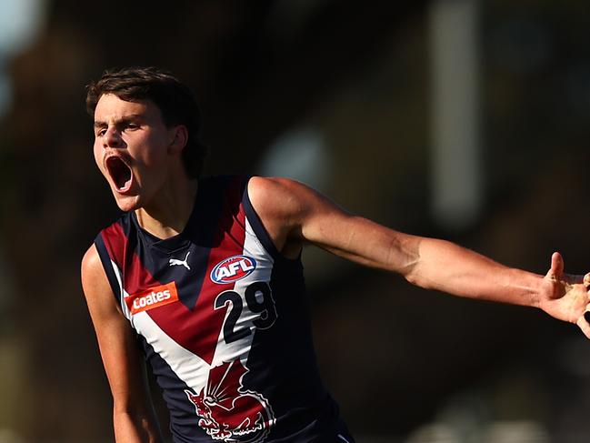 *APAC Sports Pictures of the Week - 2023, September 18* - MELBOURNE, AUSTRALIA - SEPTEMBER 17: Harvey Johnston of the Sandringham Dragons celebrates kicking a goal during the Coates Talent League Boys Preliminary Final match between Sandringham Dragons and Geelong Falcons at Queen Elizabeth Oval on September 17, 2023 in Melbourne, Australia. (Photo by Graham Denholm/AFL Photos via Getty Images)