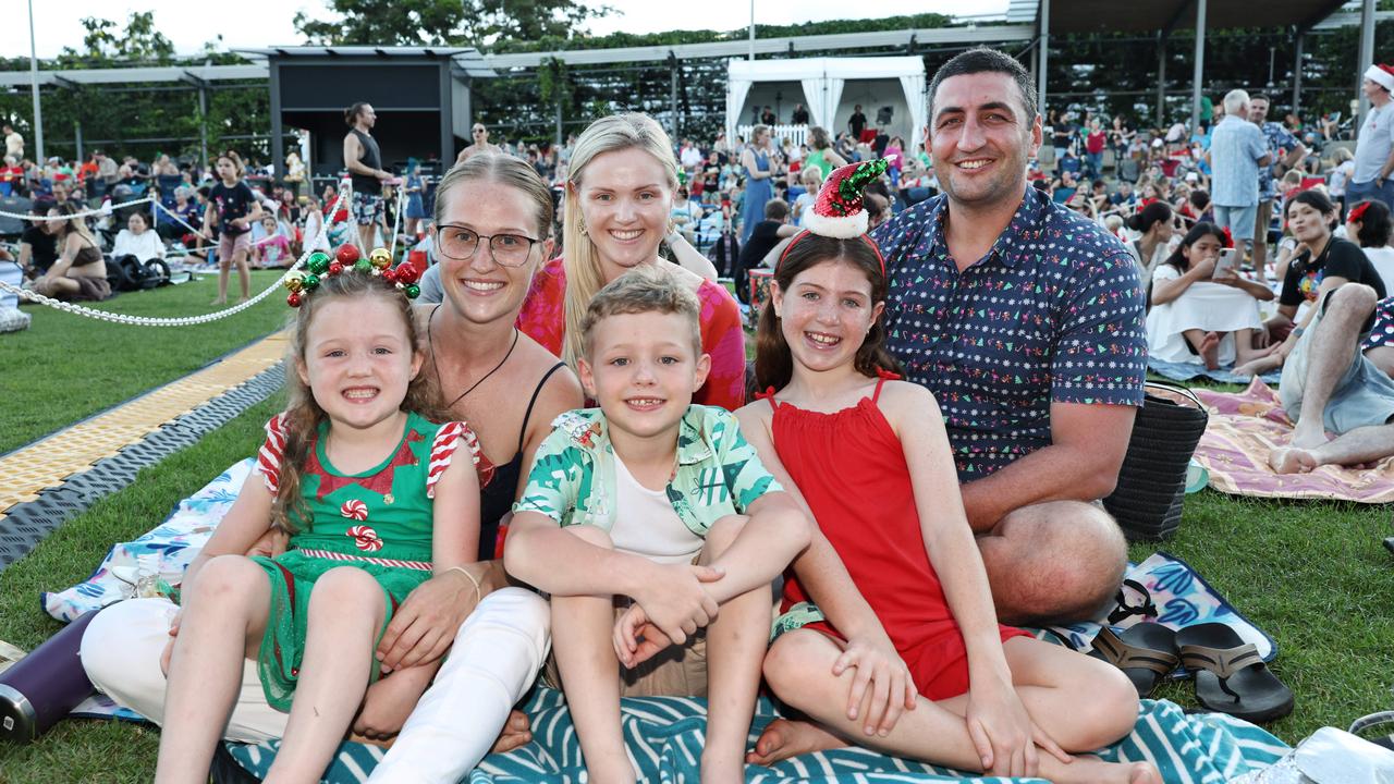 Eira Saunders, Katheryn Cann, Ryan Saunders, 7, Rhiannon Saunders, Harriet Saunders, 9, and Luke Saunders at the Carols in the Park, held at Munro Martin Parklands. Picture: Brendan Radke