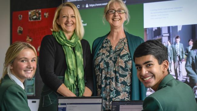 ADELAIDE, AUSTRALIA - NewsWire Photos APRIL 30 2024: Westminster has one of the highest teacher to student ratios in the state.Angela Phillips (Director of Teaching), Andrea Sherwood (Director of learning with students, Siobn 16 and Ryan 16.Picture: NCA NewsWire / Roy VanDerVegt