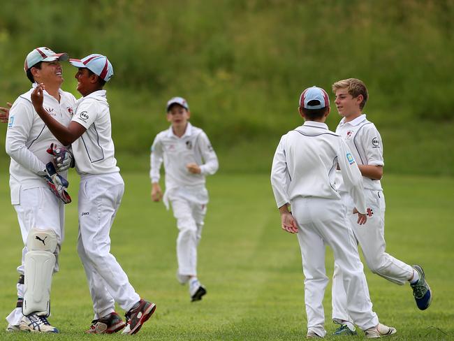 Conner Colbran celebrating a wicket during the under 15 Div 2 Junior cricket grand final between Cobbitty Narellan (batting) v Collegians at Stromferry Oval, St Andrews. Picture: Jonathan Ng