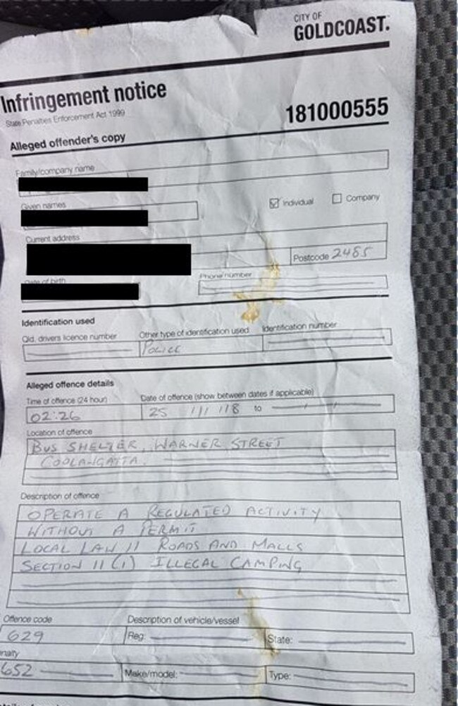 A 50-year-old man has fined $652 for illegally camping at a Gold Coast bus shelter but an advocate for the homeless said it is just wrong.