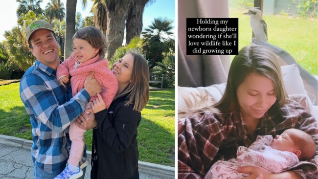 Bindi Irwin and Chandler Powell with daughter Grace, and Bindi with her daughter as a newborn. Source: Instagram.