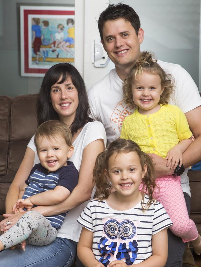 Kate and James Thomas with kids, Ivy, 6, Pia, 3 and Owen 20 months. Their parenting style is a bit like “chalk and cheese”. Picture: Sarah Matray