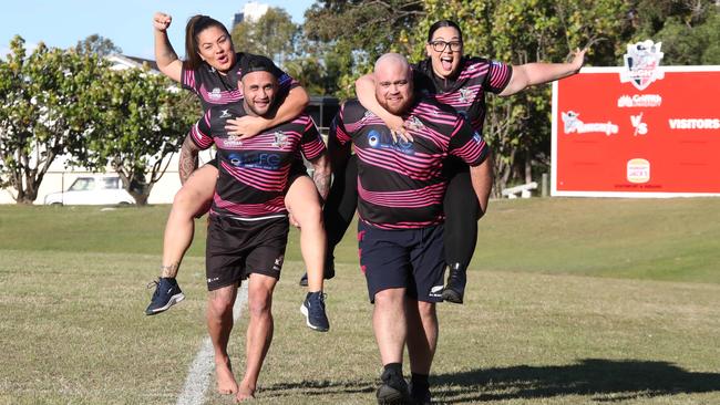 Griffith Uni Colleges Knights’ rugby power couples of Sharna and Richard Kingi (left) take on Sarah weston and Tereina McLean in a Piggyback race. Picture Glenn Hampson